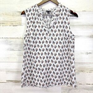 Talbots White Floral Silver Stripe Ruffle‎ Neck Relaxed Slvless Tank Blouse Sz M